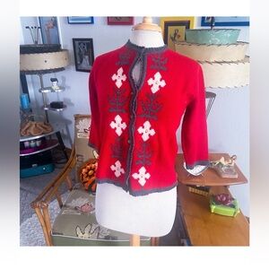 Vintage 1950s Sweater | Red Cardigan | Alpine | Wool | M L | 50s